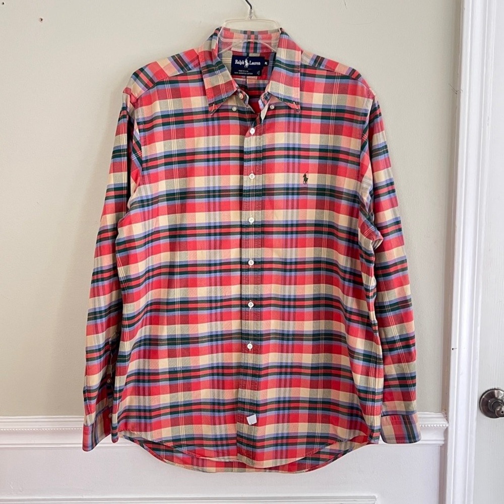 Ralph Lauren Plaid Button Down Shirt Mens XL 32" Long Made USA Cotton Madras 90s